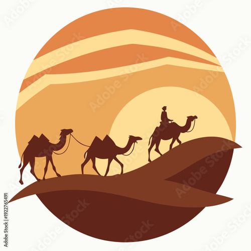 A man rides a camel with two other camels in the desert at sunset