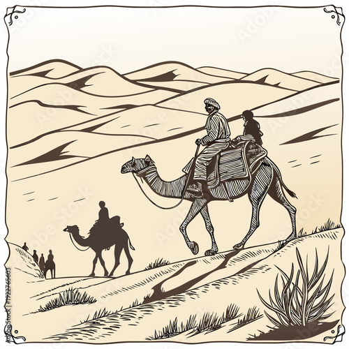 A man rides a camel through the desert with another camel in the distance