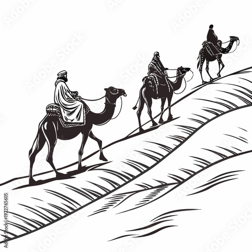 A group of people riding camels on a sandy hill