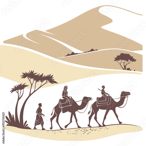 A desert scene with two camels and a person walking