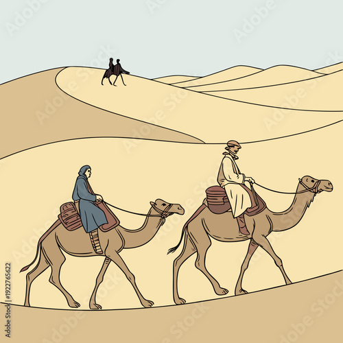 A couple of people riding on camels through the desert