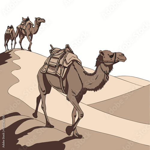 A camel leads two others across desert sand dunes