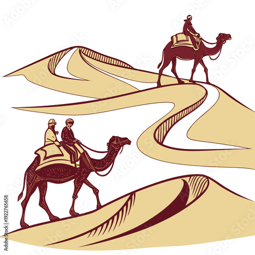 Camels walking through the desert sand dunes