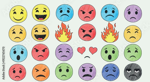 Hand drawn emoticons expressing a wide range of human emotions from happy and sad to angry and in love perfect for emotional feedback, social media communication, and educational resources.