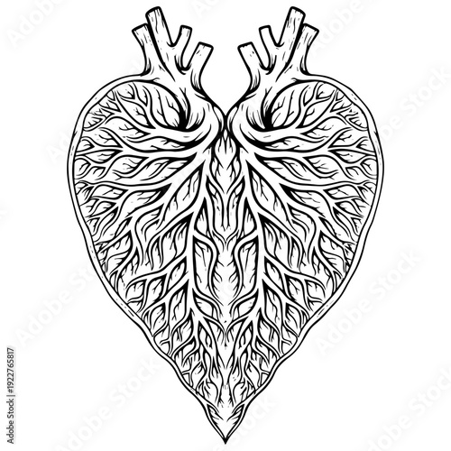 Intricate heart illustration with detailed vascular system