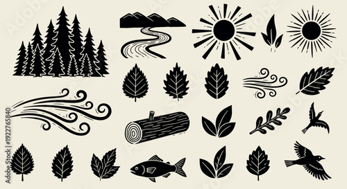 Collection of rustic nature themed icons featuring pine trees, majestic mountains, flowing river, shining sun, various leaves, wind currents, a log, swimming fish, and flying birds for