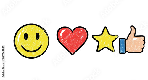 Colorful hand drawn symbols representing happiness love favorite and thumbs up for social media apps and customer feedback interfaces to show satisfaction