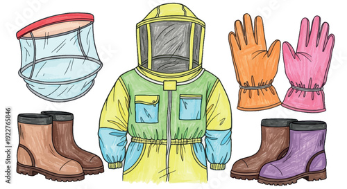 Comprehensive beekeeping safety equipment set featuring a full protective suit with veiled hood, durable gloves, and sturdy boots, perfect for beekeepers engaged in hive management and