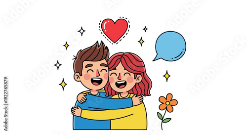 Joyful young man and woman lovingly embrace, surrounded by shining stars and a dotted heart, ideal for expressing affection and strong relationship themes in romantic or friendly