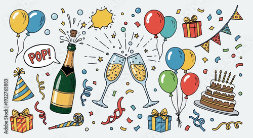 Cheerful assortment of celebration essentials like colorful balloons, champagne, flutes, birthday cake, presents, party hat, and confetti, ideal for special event announcements