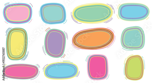 Vibrant collection of handdrawn irregular shapes with multiple colorful outlines, ideal for playful graphic design, adding decorative text frames, or enhancing various digital projects.