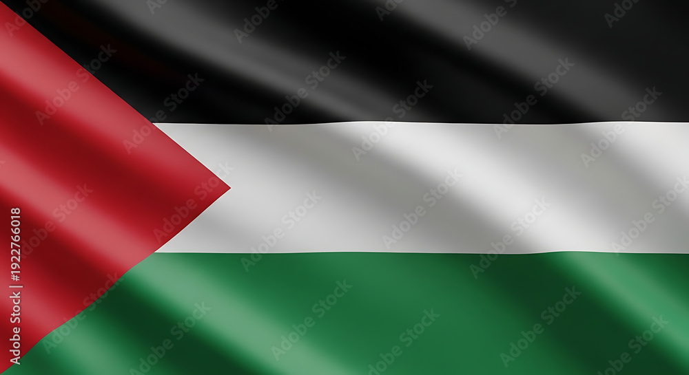 Obraz premium Flag of Palestine waving in the wind with horizontal stripes and triangle symbol transparent background