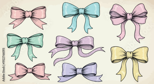 Colorful hand drawn gift bows and decorative ribbons in soft pastel shades provide charming holiday decoration, party celebration, or special occasion packaging embellishment.