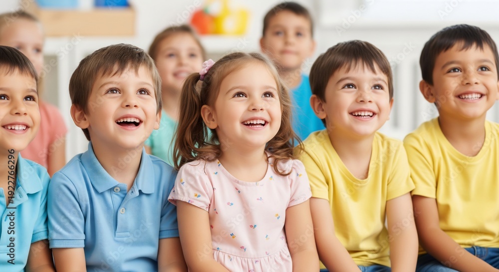 Obraz premium Smiling children sitting together in classroom looking up with joyful expressions