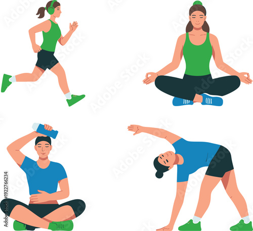 Woman running and meditating with man stretching and drinking water meditation fitness