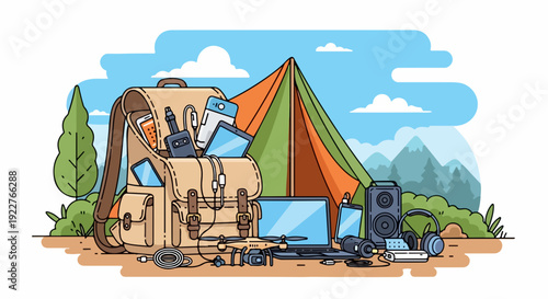 Modern camping gear spills from backpack, displaying laptop, camera, drone, and various gadgets amidst natural landscape. Essential camping gear for outdoor adventure, tech enthusiasts.