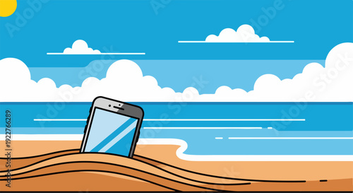 Modern smartphone beach scene with device half buried in warm sand, clear blue ocean waves stretching to horizon under bright sunny sky. Phone beach background illustrates digital detox,