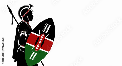 Silhouette Maasai warrior with spear and traditional shield displaying Kenyan flag colors. This powerful Maasai warrior showcases tribal headdress, cultural adornments, and resilience.