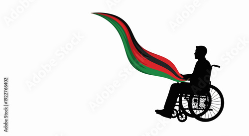 Silhouette of person in wheelchair illustrates important disability inclusion concept. Wavy red, black, green ribbon flows gracefully from figure, symbolizing movement, strength,