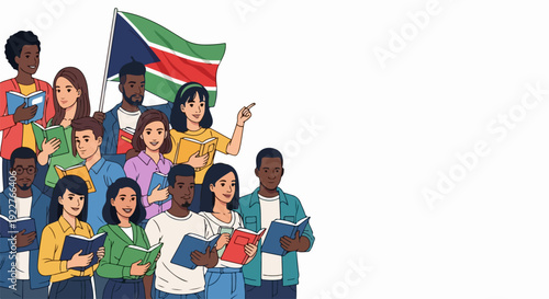 Diverse group students engaged in South Sudan education, holding textbooks. Young adults represent collective South Sudan education, fostering knowledge and community.