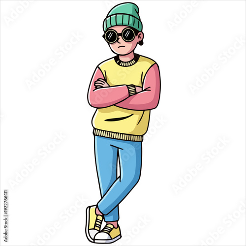 Illustration of a young boy walking with confidence and style wearing casual clothing and accessories on a transparent background from a side viewpoint