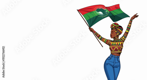 African culture woman holds Pan-African flag, symbolizing unity, freedom, and identity. Figure in headwrap and jeans embodies African culture, showcasing strength and pride.