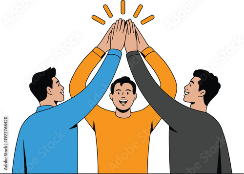 Three men in blue orange and gray shirts stacking hands with orange lines above team teamwork