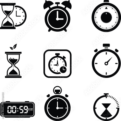 Silhouette of various clocks and timers icons in black on white background silhouette