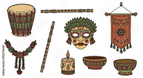 Vibrant collection of ethnic tribal musical instruments and ceremonial objects, including a drum, flutes, mask, garland, candle, and bowls, ideal for cultural event promotions or themed