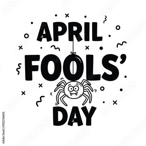 April Fools' Day cartoon spider dangling illustration for a creepy but funny scare or prank concept.