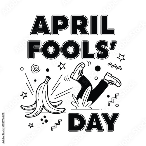 April Fools' Day banana peel slip illustration with falling legs for a classic pratfall or slapstick joke.