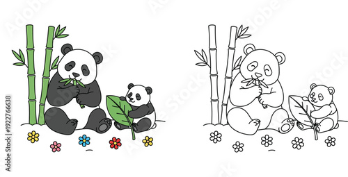 Cute Panda Family Eating Bamboo - Adorable Cartoon Illustration with Flowers
