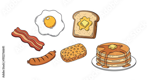 Delicious breakfast items including fried egg, bacon, sausage, buttered toast, hash brown, and pancakes with syrup, great for food advertising and menu design.