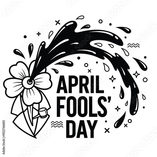 Surprise splash of ink from a flower with suit, 'April Fools' Day' text, humorous illustration