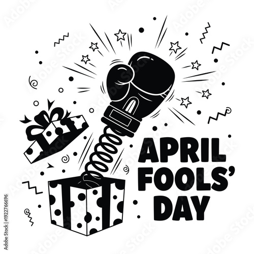 Boxing glove on a spring pops out of a gift box, 'April Fools' Day' text, humorous illustration