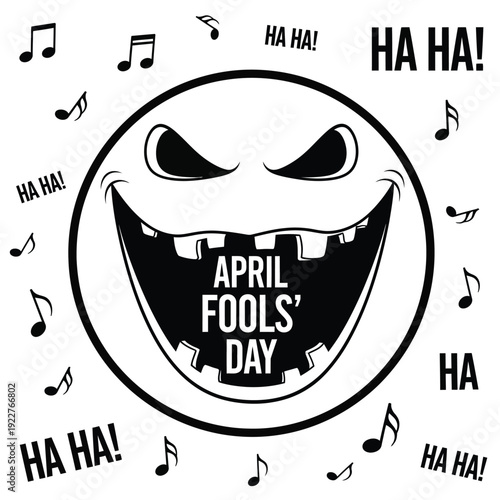 April Fools' Day evil laughing face emoji with music notes, conveying a mischievous and playful holiday mood.