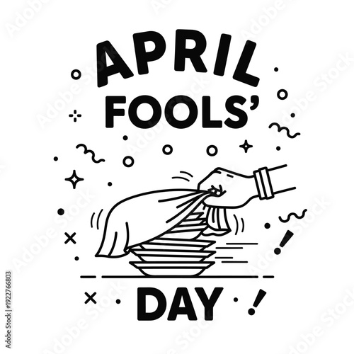 April Fools' Day prank of pulling a tablecloth from under dishes, a classic trick illustration.