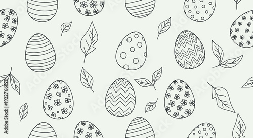 Handdrawn black outline Easter eggs with various patterns and green spring leaves create a delightful holiday background perfect for seasonal greetings, gift wrapping, or festive wallpaper.