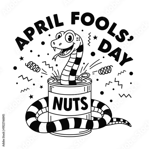 April Fools' Day snake in a can of nuts, a classic jump scare prank illustration.