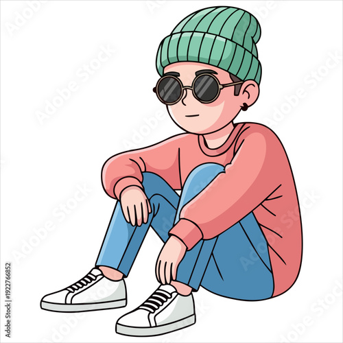 Illustration of a young boy walking with confidence and style wearing casual clothing and accessories on a transparent background from a side viewpoint