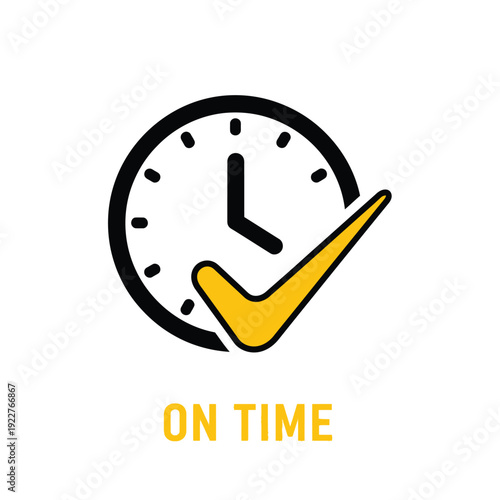 Clock with Checkmark in Simple Flat Design with Bright Yellow Accent on White Background for Productivity