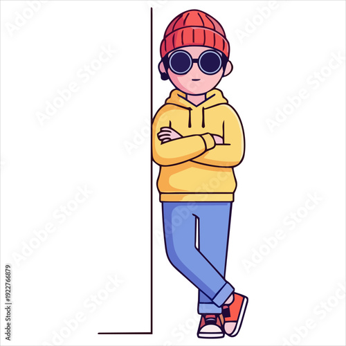 Illustration of a young boy walking with confidence and style wearing casual clothing and accessories on a transparent background from a side viewpoint