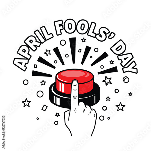 April Fools Day illustration with a finger pressing a button, symbolizing the start of pranks and jokes with festive elements and a playful design.