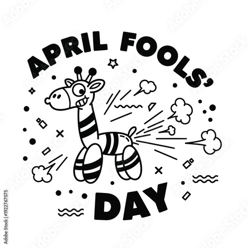 Funny April Fools Day cartoon with a flatulent giraffe, fart clouds, and confetti, celebrating pranks and humor with a whimsical, playful illustration.