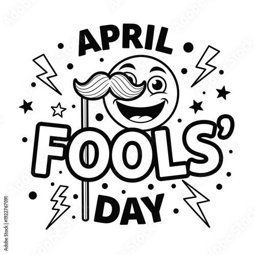 April Fools Day with a winking emoji wearing a mustache on a stick, surrounded by festive elements and lightning bolts, ideal for humorous prank designs.