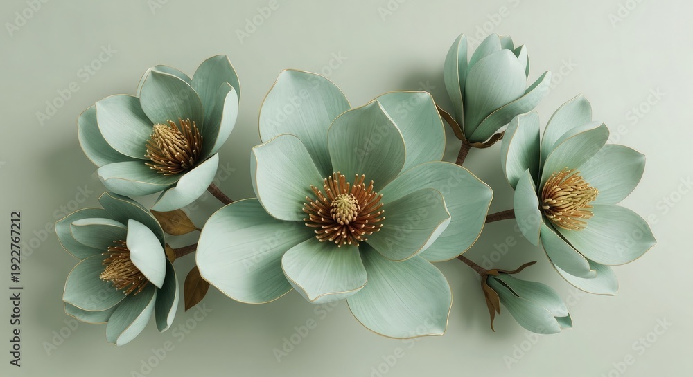 Obraz premium A cluster of pale green flowers with yellow centers on a plain background