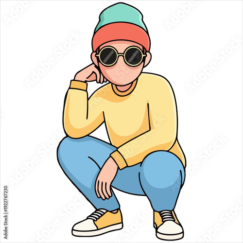 Illustration of a young boy walking with confidence and style wearing casual clothing and accessories on a transparent background from a side viewpoint