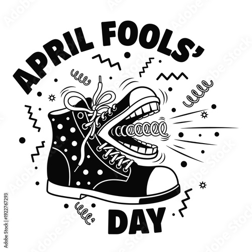 April Fools' Day Cartoon Boot with Spring Loaded Teeth and Confetti - Illustration