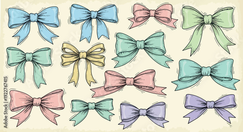 Assorted hand drawn decorative bows in soft pastel colors are perfect for creating charming designs for gift wrapping, holiday greetings, and feminine themed celebrations.