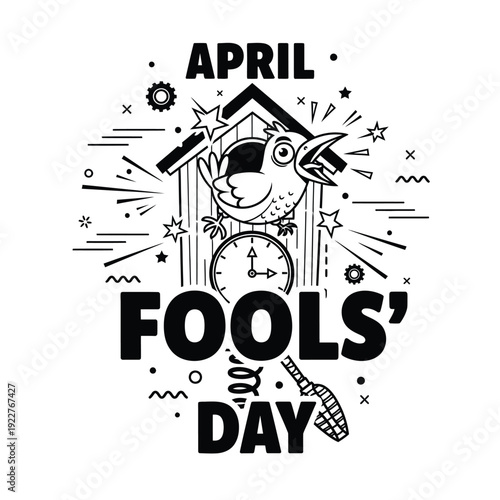 April Fools' Day Cuckoo Bird Illustration with Clock and Spring - Funny Holiday Design